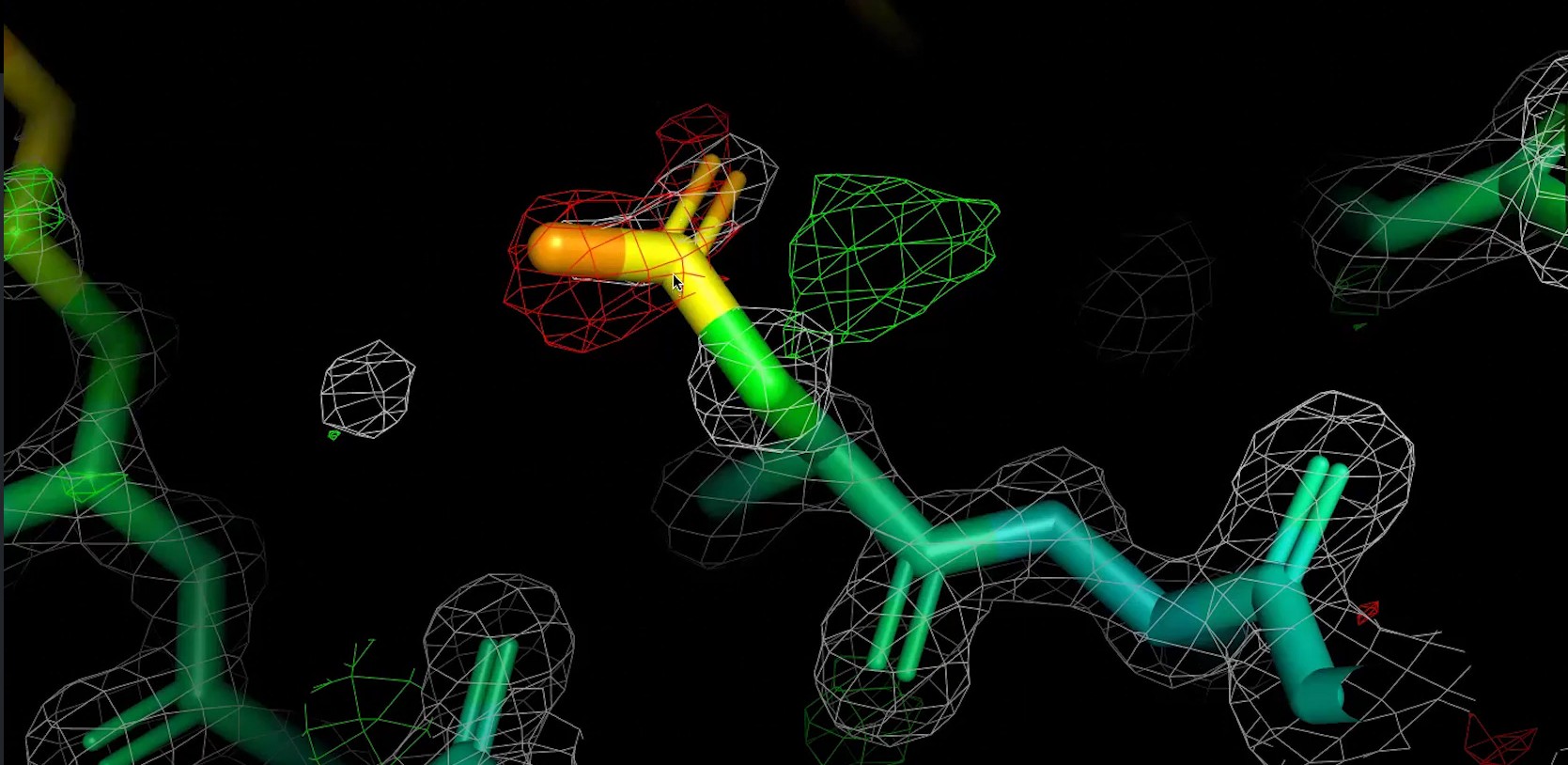 A snippet of the Fo-Fc map of 2B3P, visualised with PyMOL.