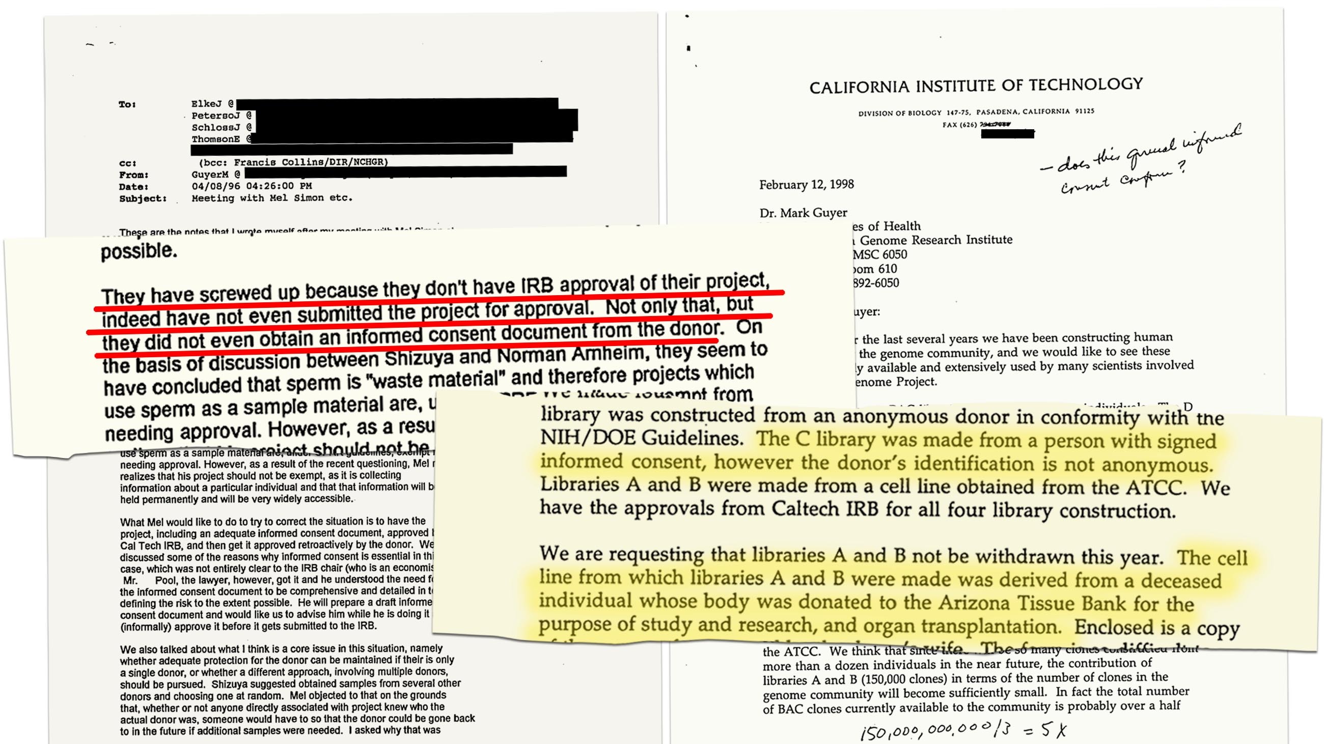 Documents from the Human Genome Project's early library sourcing.