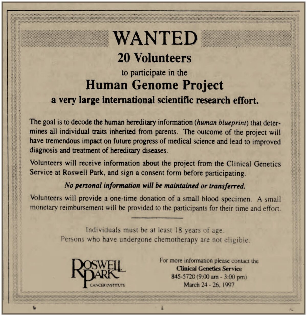 Buffalo News advertisement recruiting volunteers for the Human Genome Project.