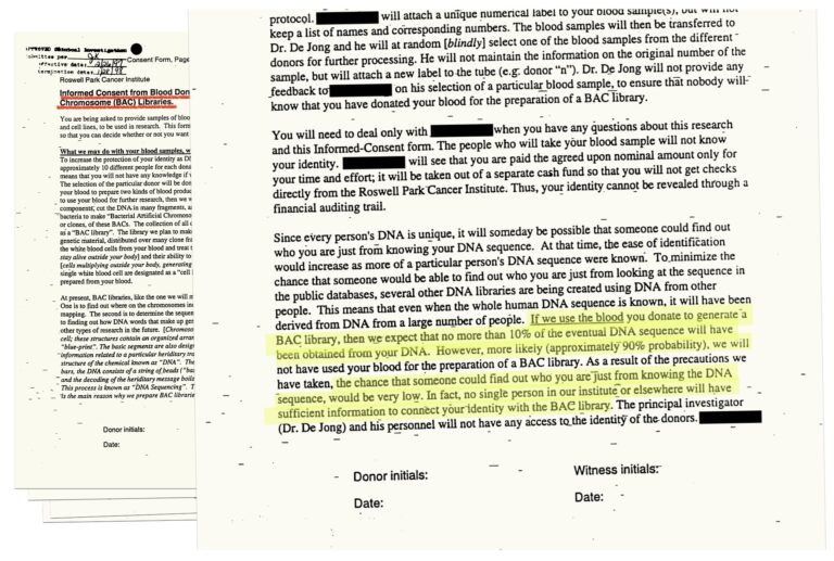 Consent form used by the Human Genome Project, promising anonymity and limiting each donor's contribution.