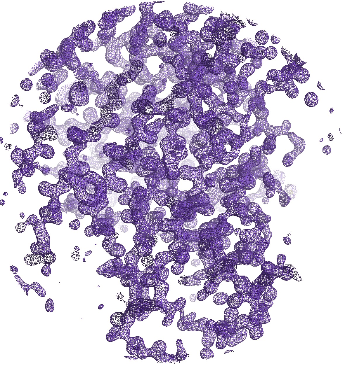 Illustration of the electron density map of 6GLP, visualised with COOT.